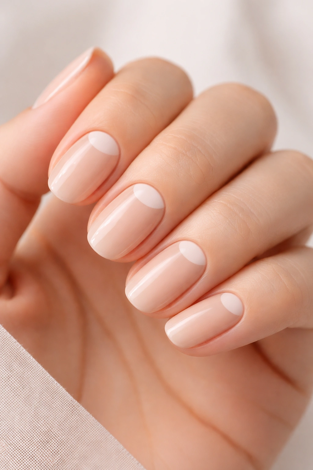 Close-up of nails with nude base and bare half-moon negative space design