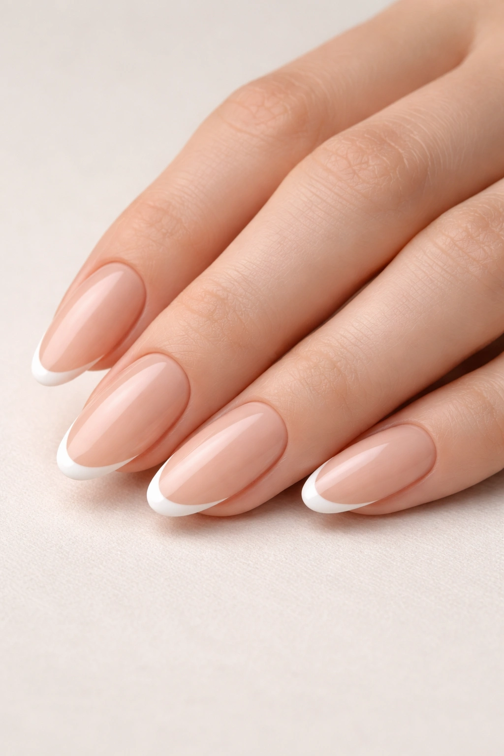 Close-up of nude oval nails with bare cuticle area and narrow painted tips