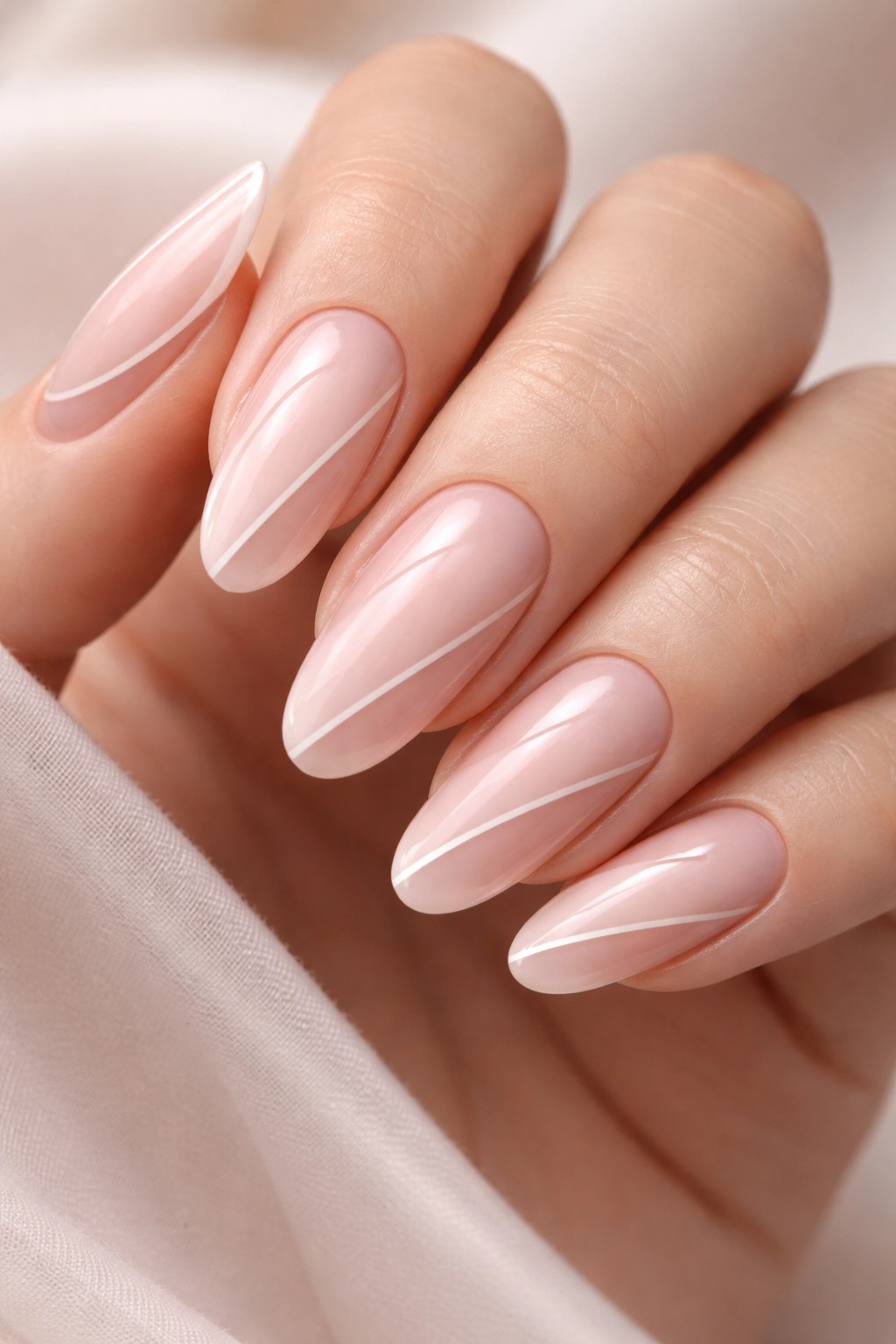 Close-up of long oval nails with soft blush base and negative-space cutouts