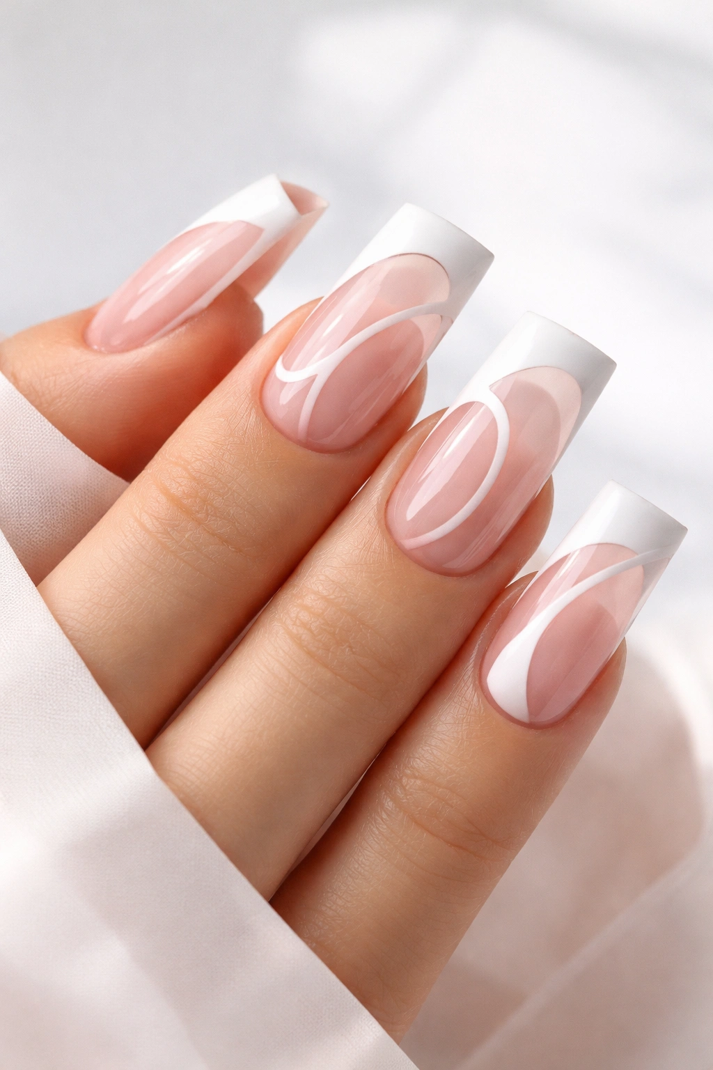 Duck nails with pink negative-space geometric design on white base