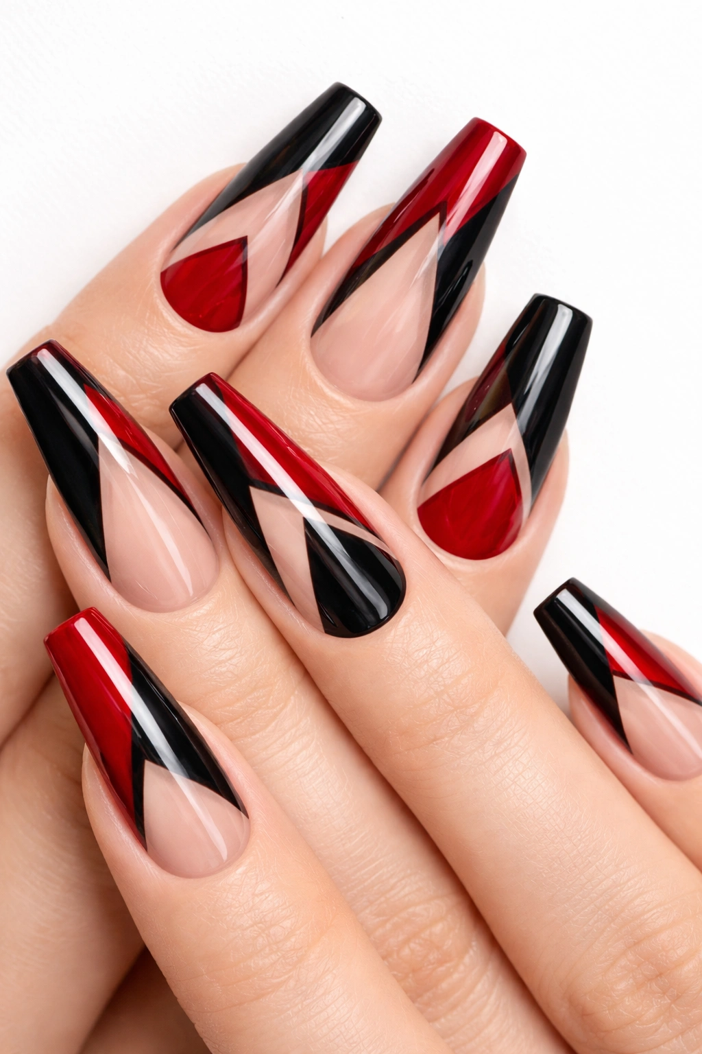 Coffin nails with red and black color blocks and negative space