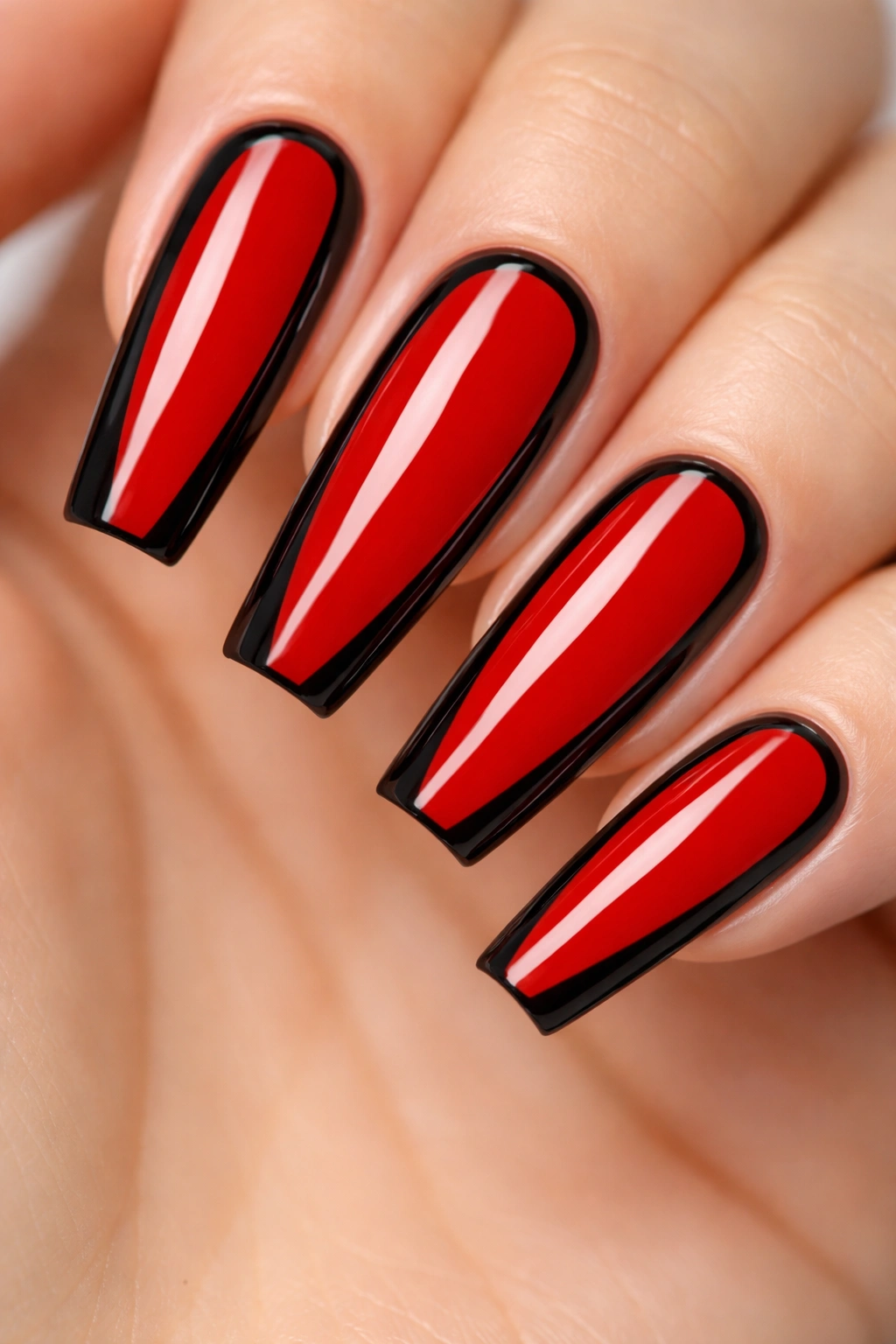 Nails with black frame outlines and red center panels in negative-space design