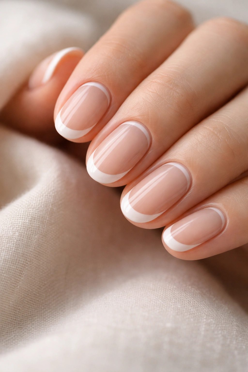 Close-up of short oval nails with tiny negative-space gap between base and tip on nude base