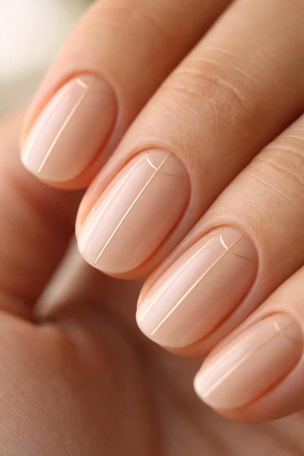 Close-up of a short oval nail with a single thin vertical line and a curved arc, showing negative space