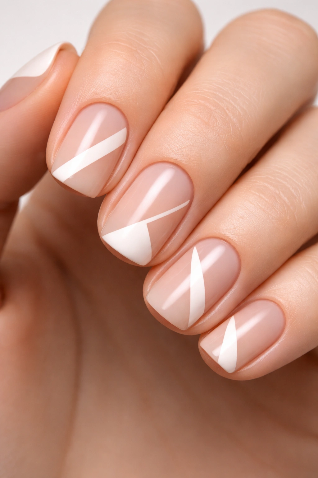 Close-up of short squoval nails with geometric negative-space designs on nude base
