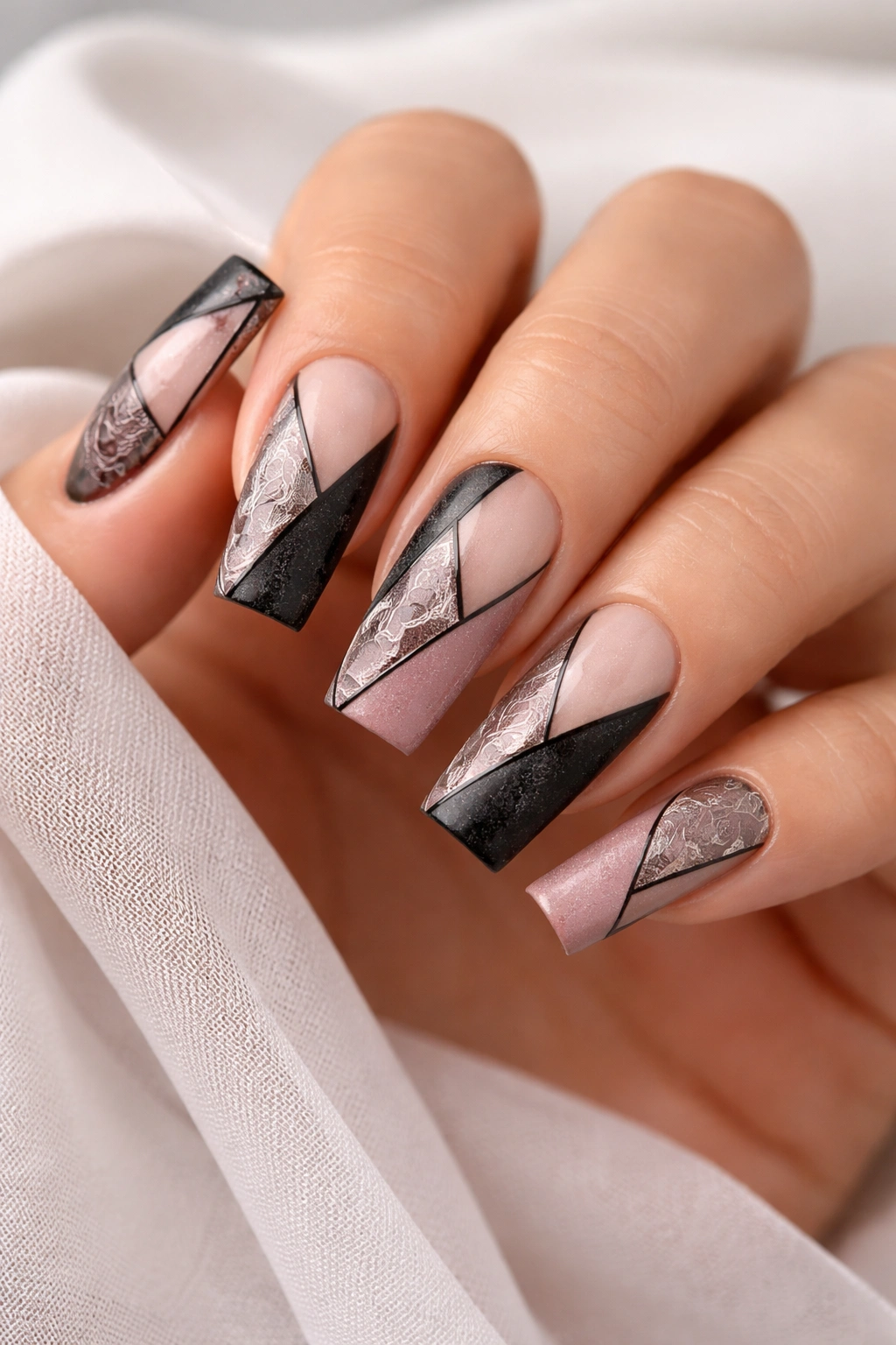 Close-up of medium coffin nails with negative space geometric base and stamped detail