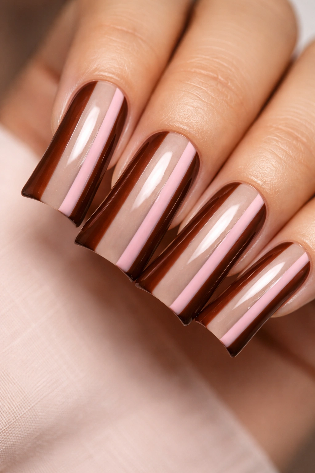 Duck nail with nude base and brown pink stripes leaving negative space