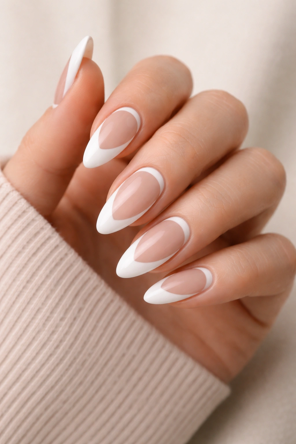 Close-up of white almond nails with negative-space designs.
