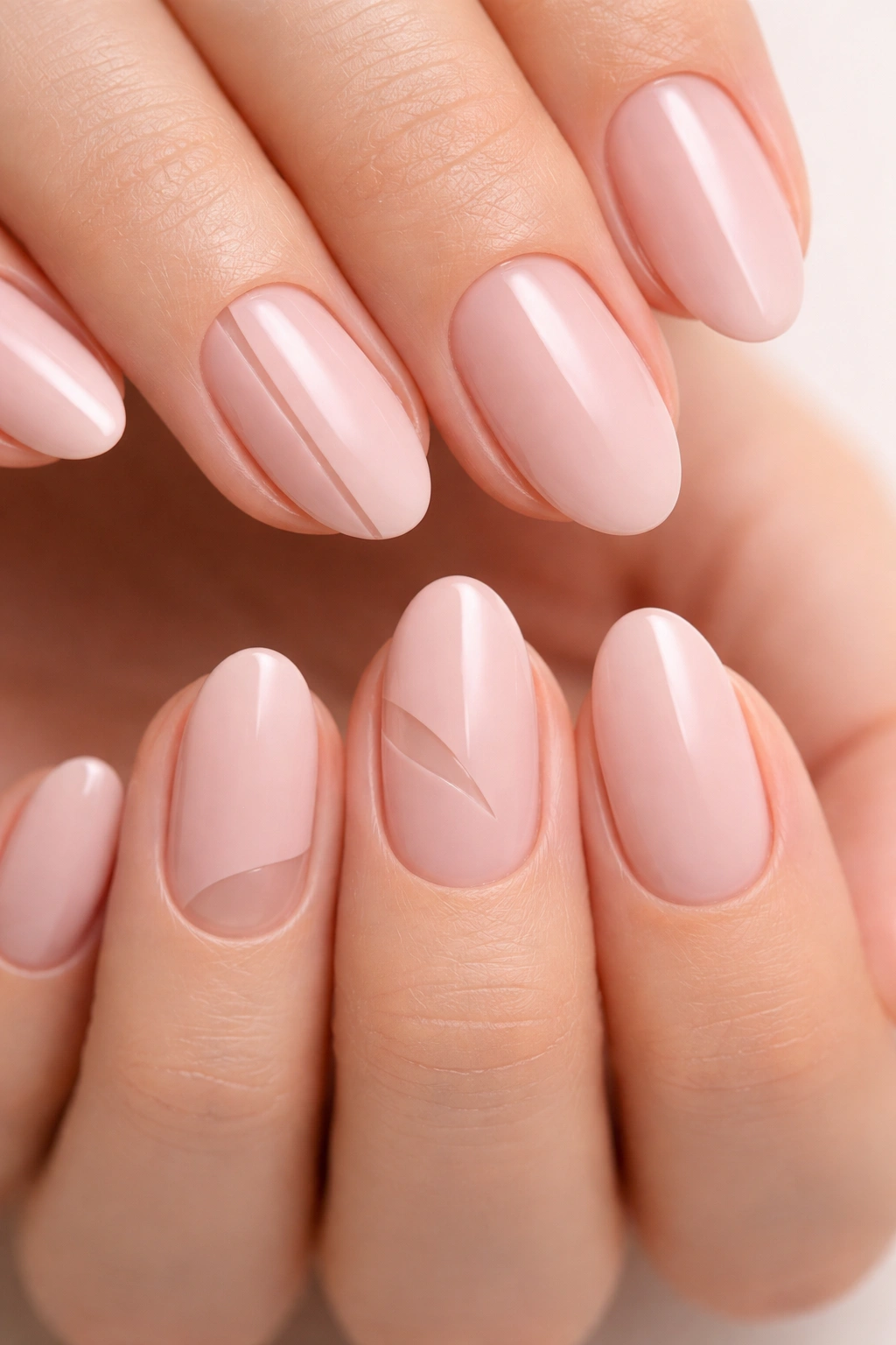 Nails with pink base and negative-space shapes showing natural nail