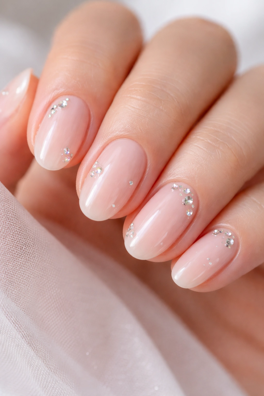 Short oval nails with negative space and scattered crystals