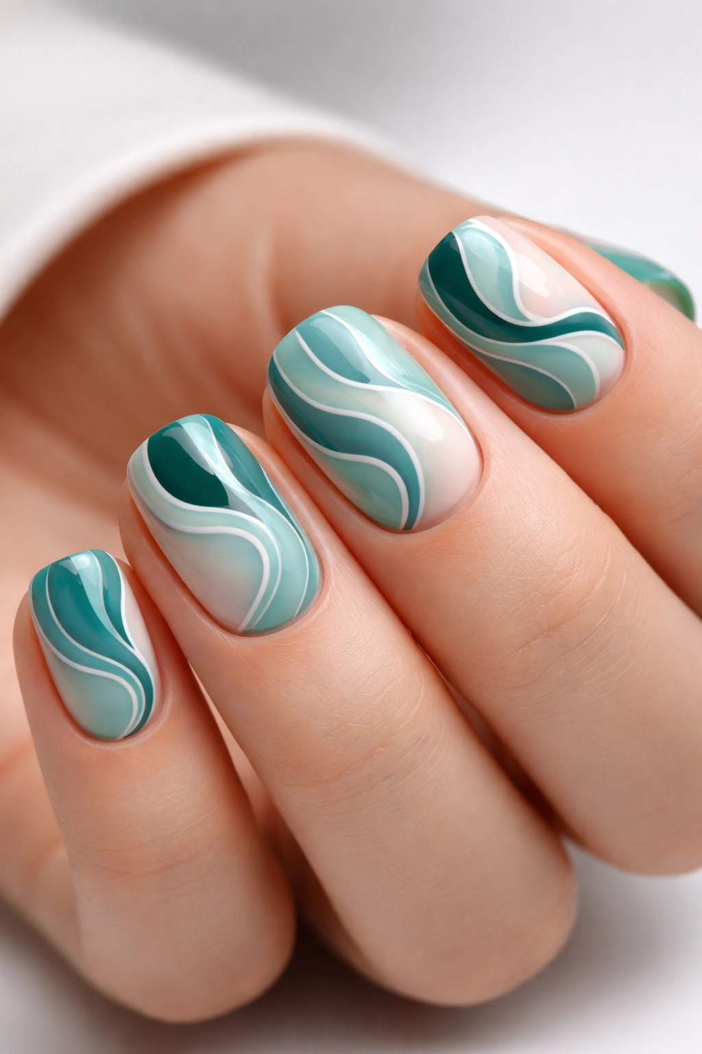 Close-up of short nails with negative-space swirl designs in green-blue tones