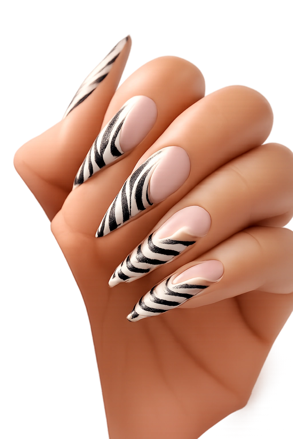 Stiletto nails with sheer milky base and bold zebra stripes