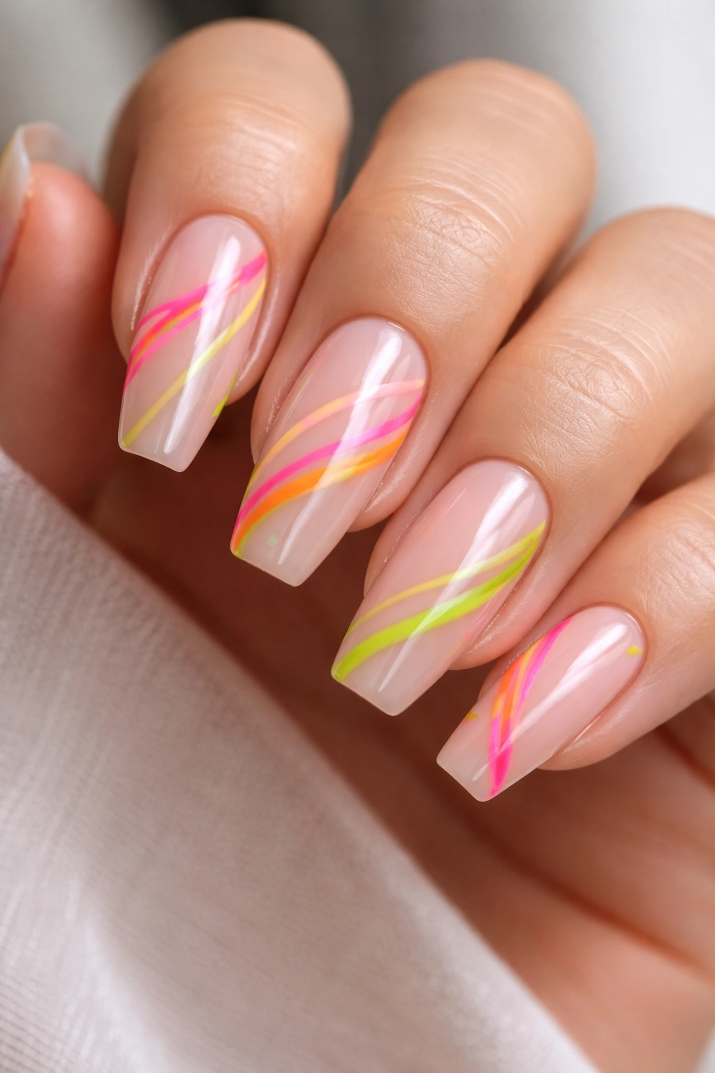 Milky nude nails with neon abstract swirls and a glossy finish