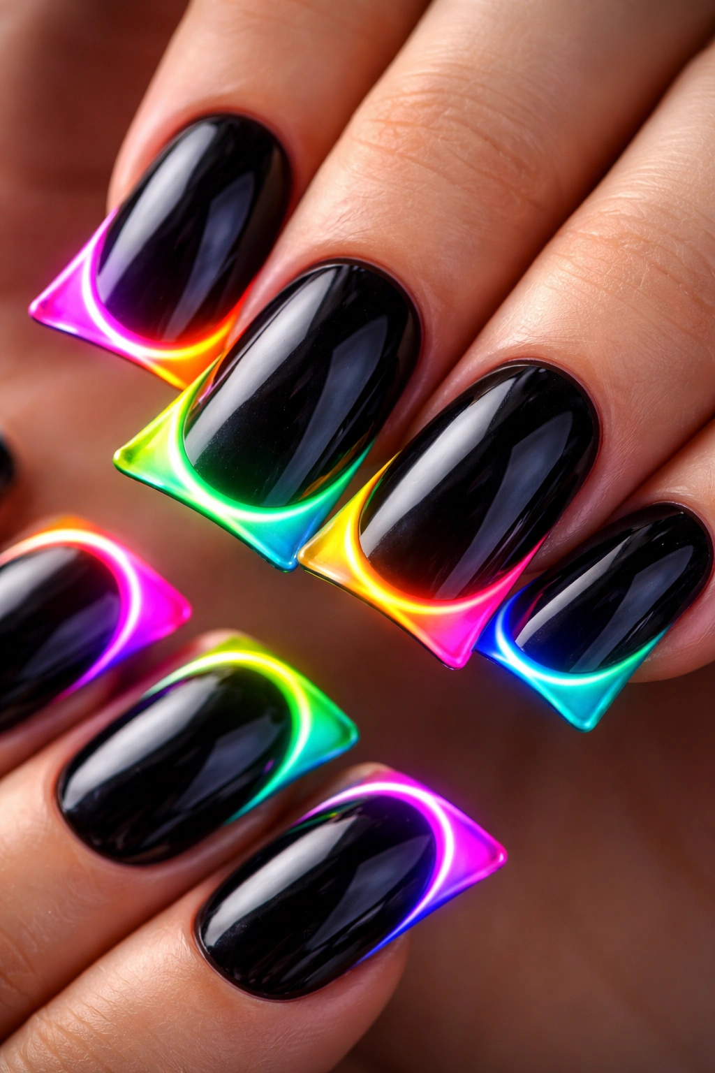 Close-up of a duck nail with neon accents on a dark base along the curved tip.