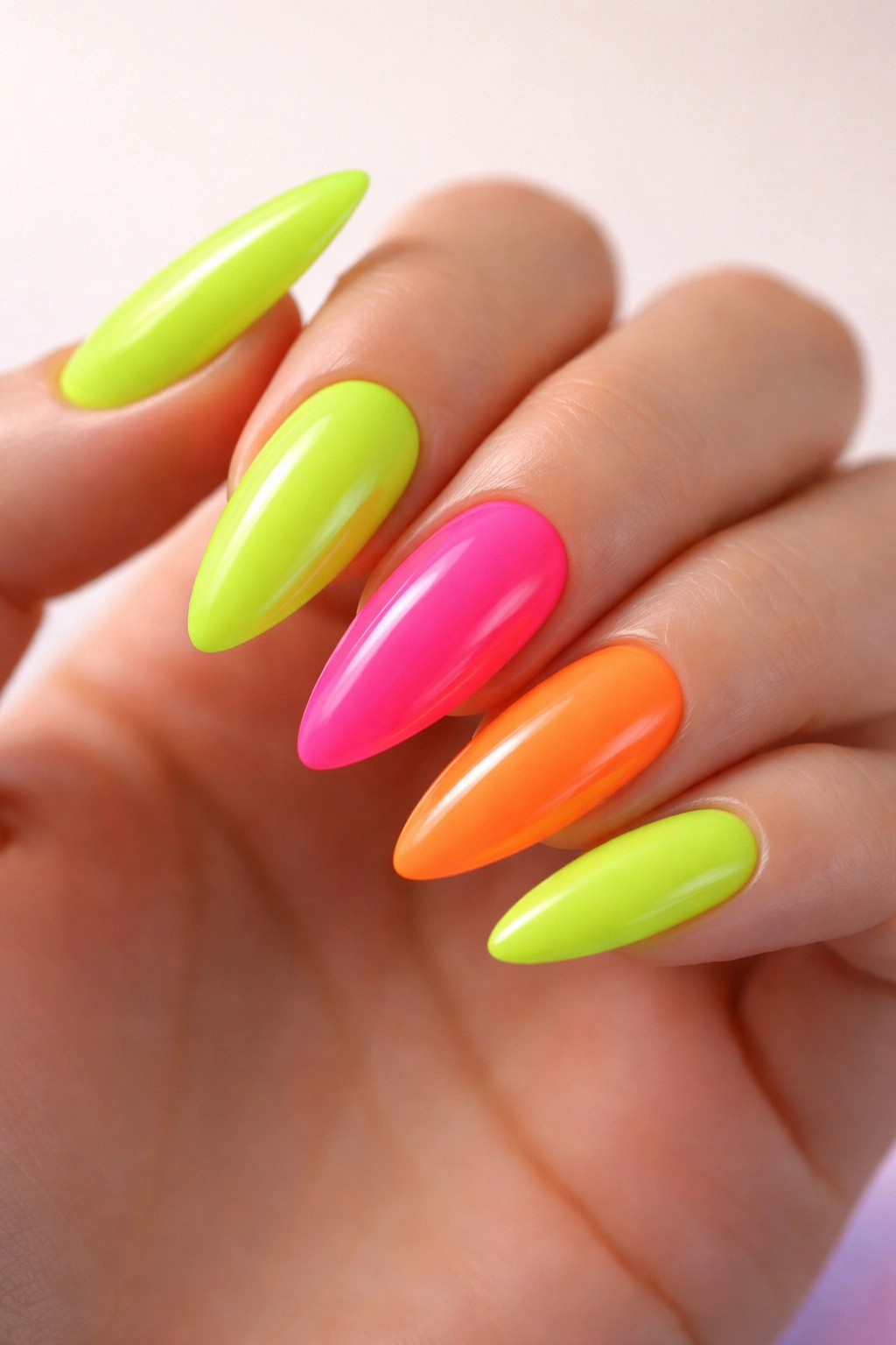 Close-up of neon almond nails under UV light showing vibrant acrylic colors