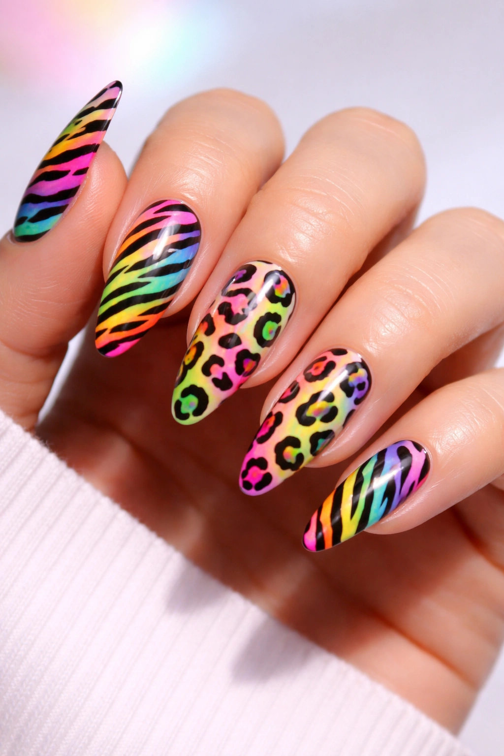 Close-up of neon animal print nails with bright patterns