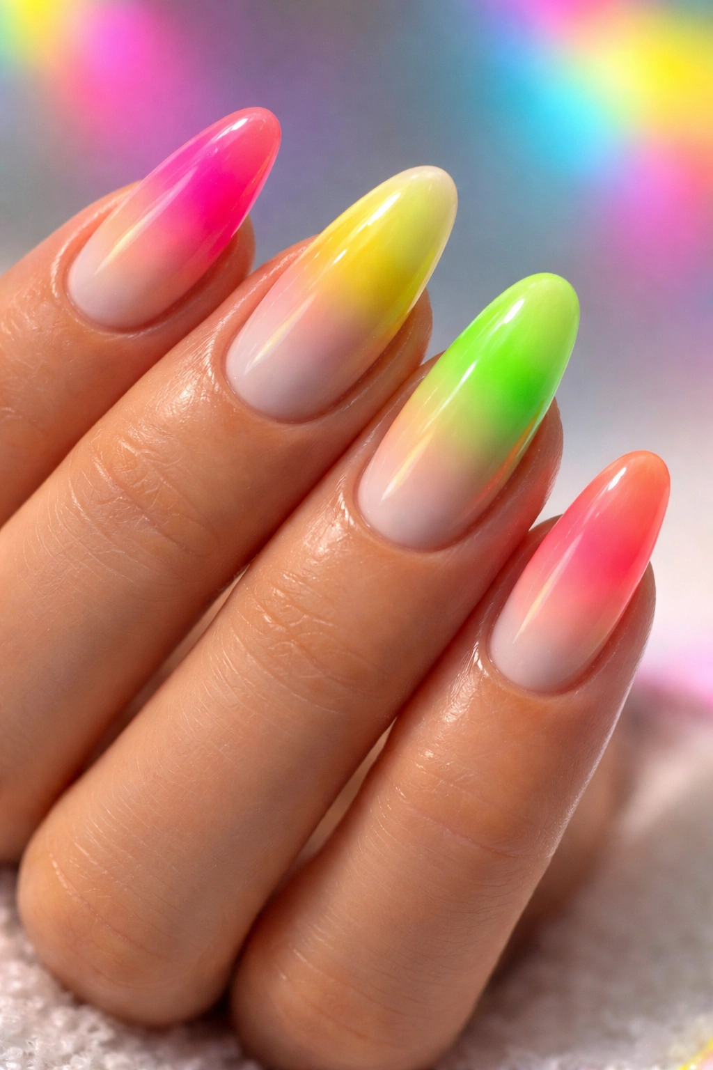 Neon pop aura nails with bright neon colors fading into pale base