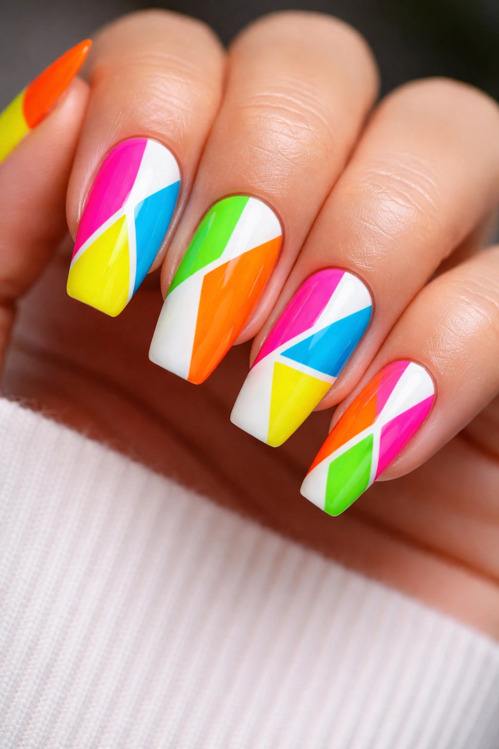 Neon color-block nails on a white base