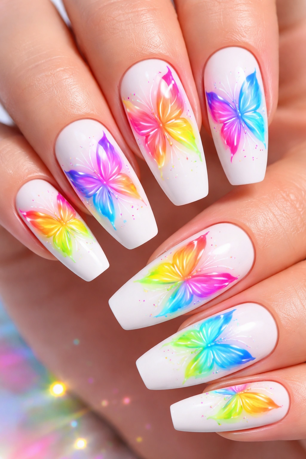 Nails featuring neon butterfly shapes on white base with bright colors