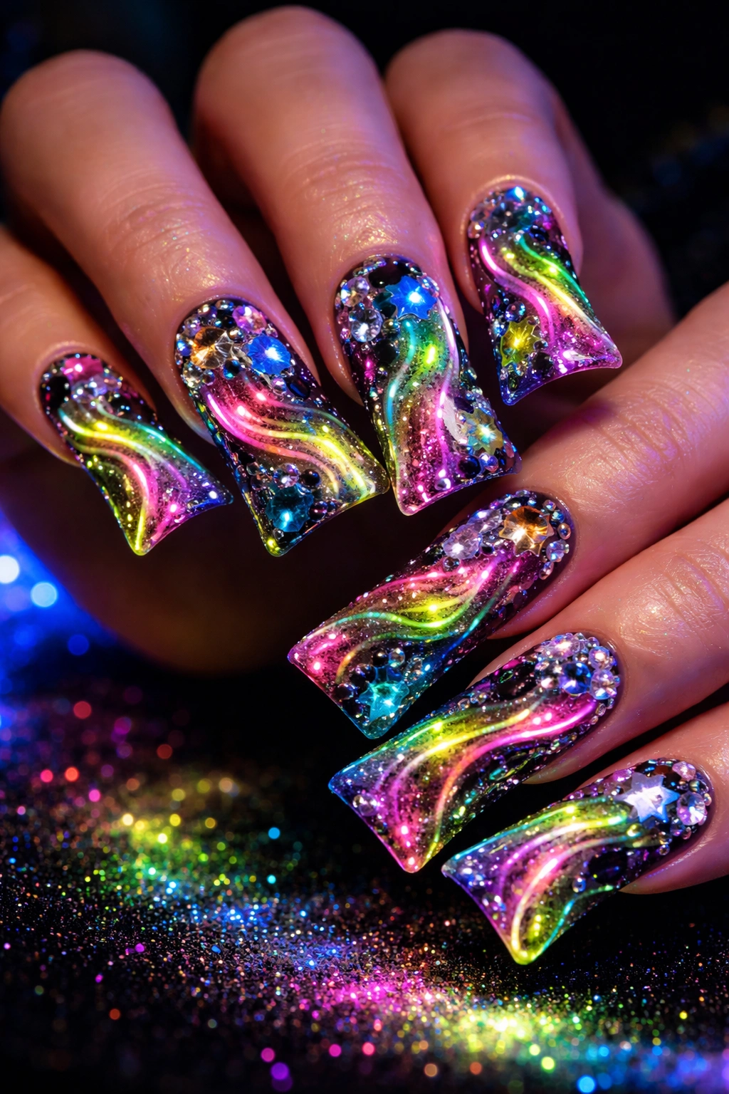 Nails with bold neon colors and glitter on a dark base under UV glow.