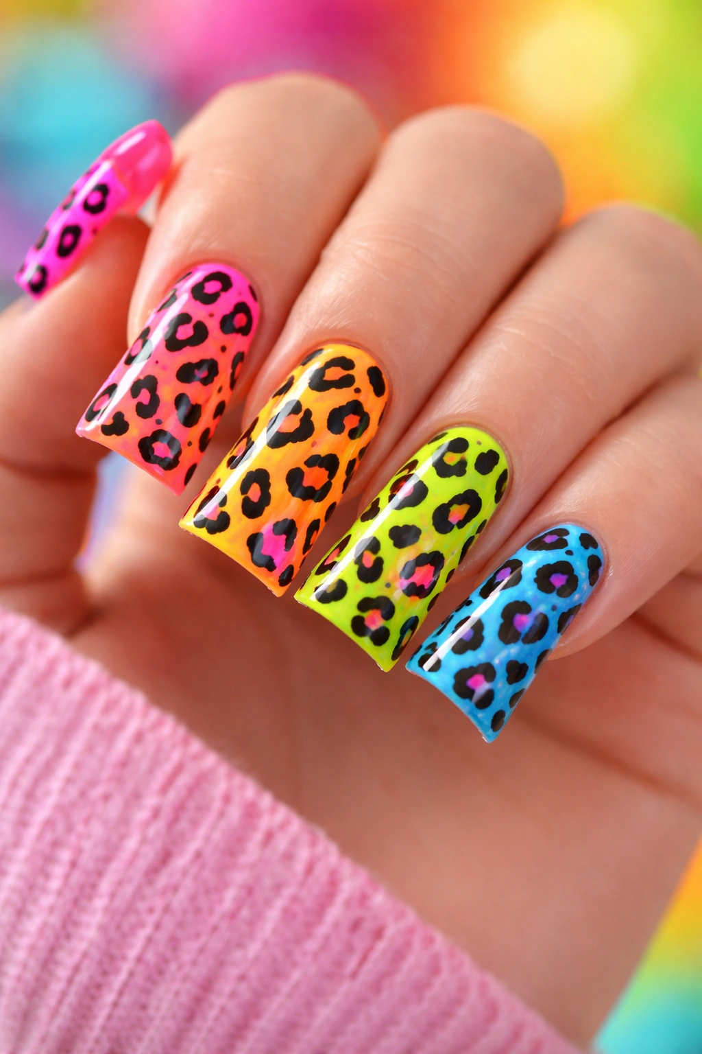 Neon cheetah print on duck nails with bright base colors