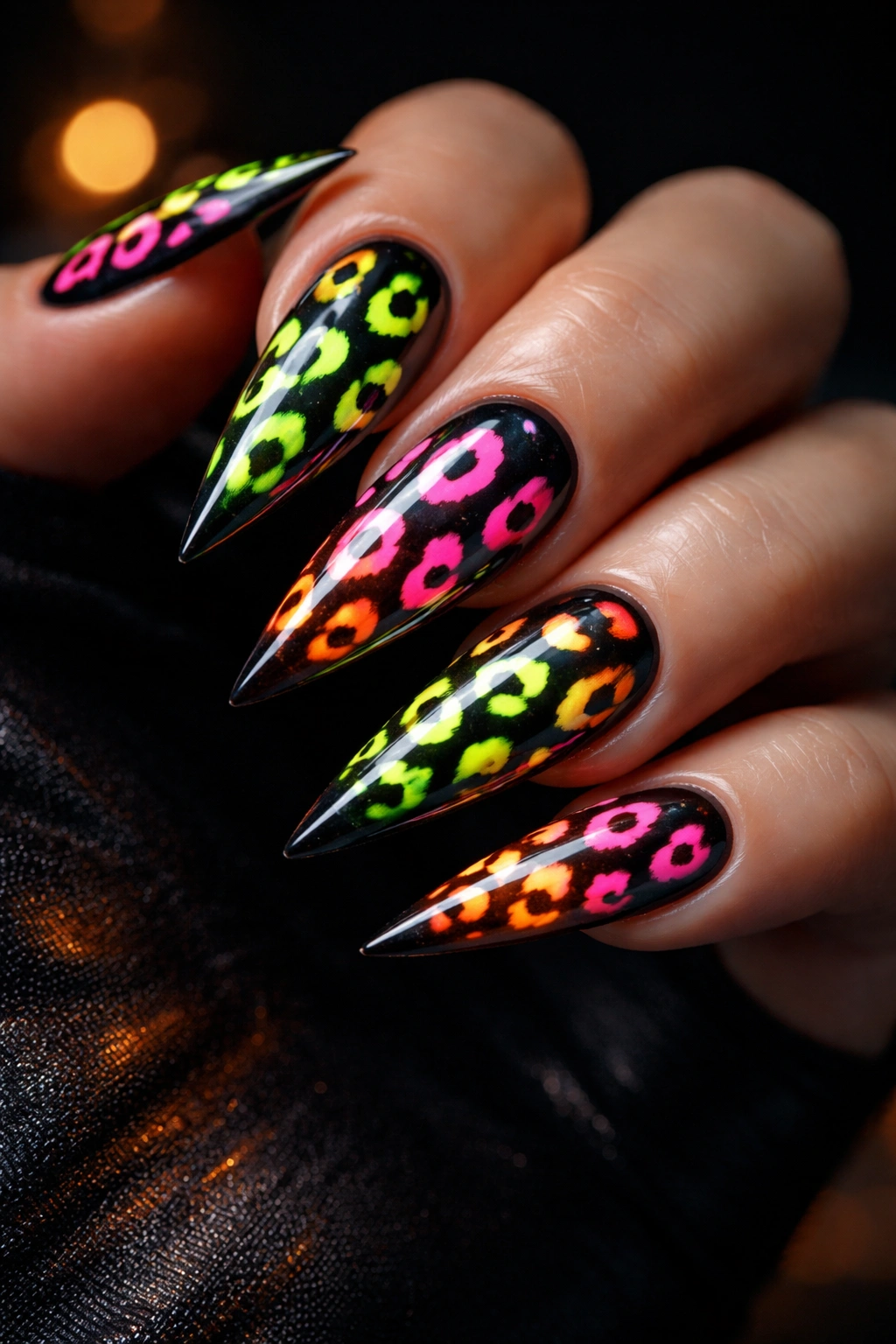 Neon cheetah spots on black stiletto nails with bright colors