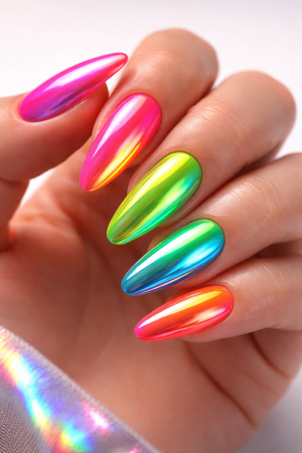 Neon chrome mirror finish nails reflecting light