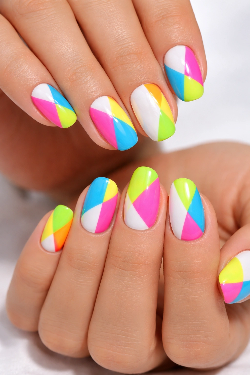 Nails with neon color blocks on white base, vibrant and fluorescent