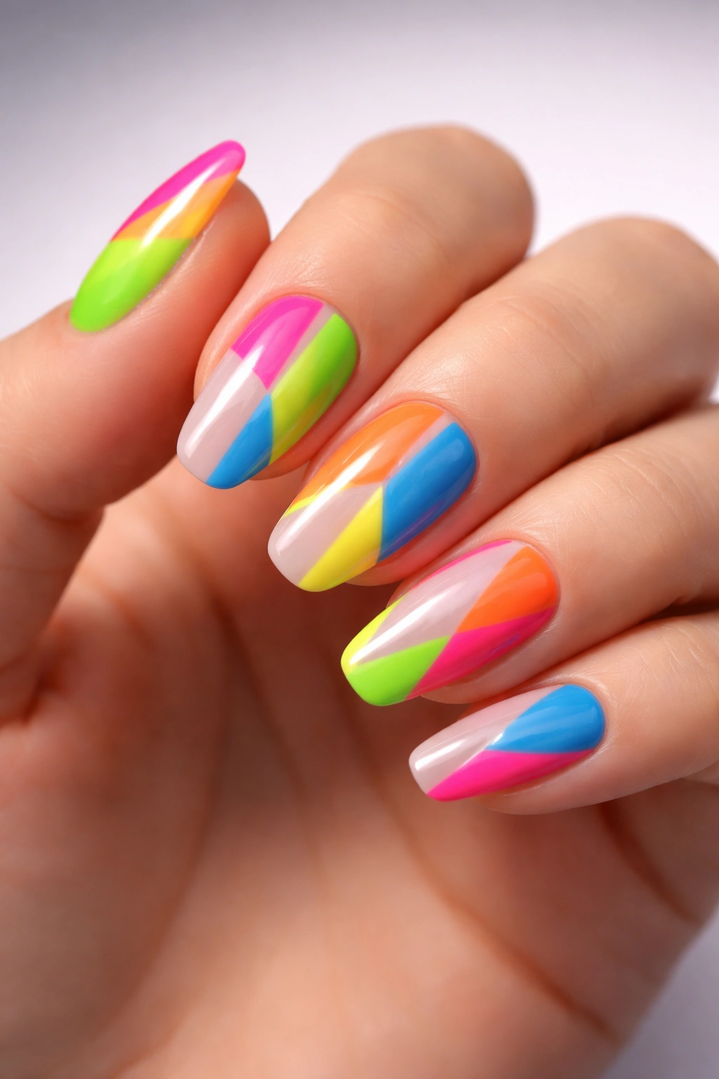 Nails showing neon color blocks on a neutral base with sharp color separation