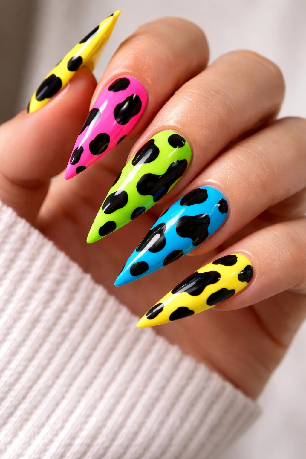 Close-up of neon cow print statement nails on stiletto nails