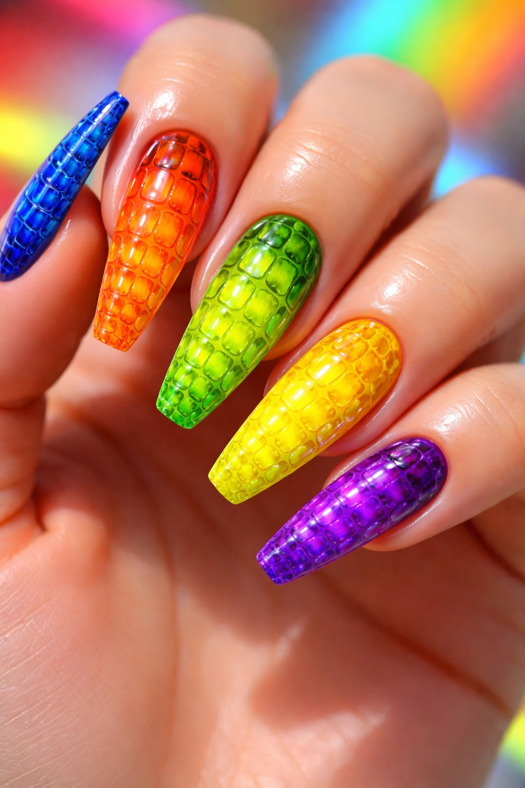 Neon rainbow crocodile texture nails with bold color variety
