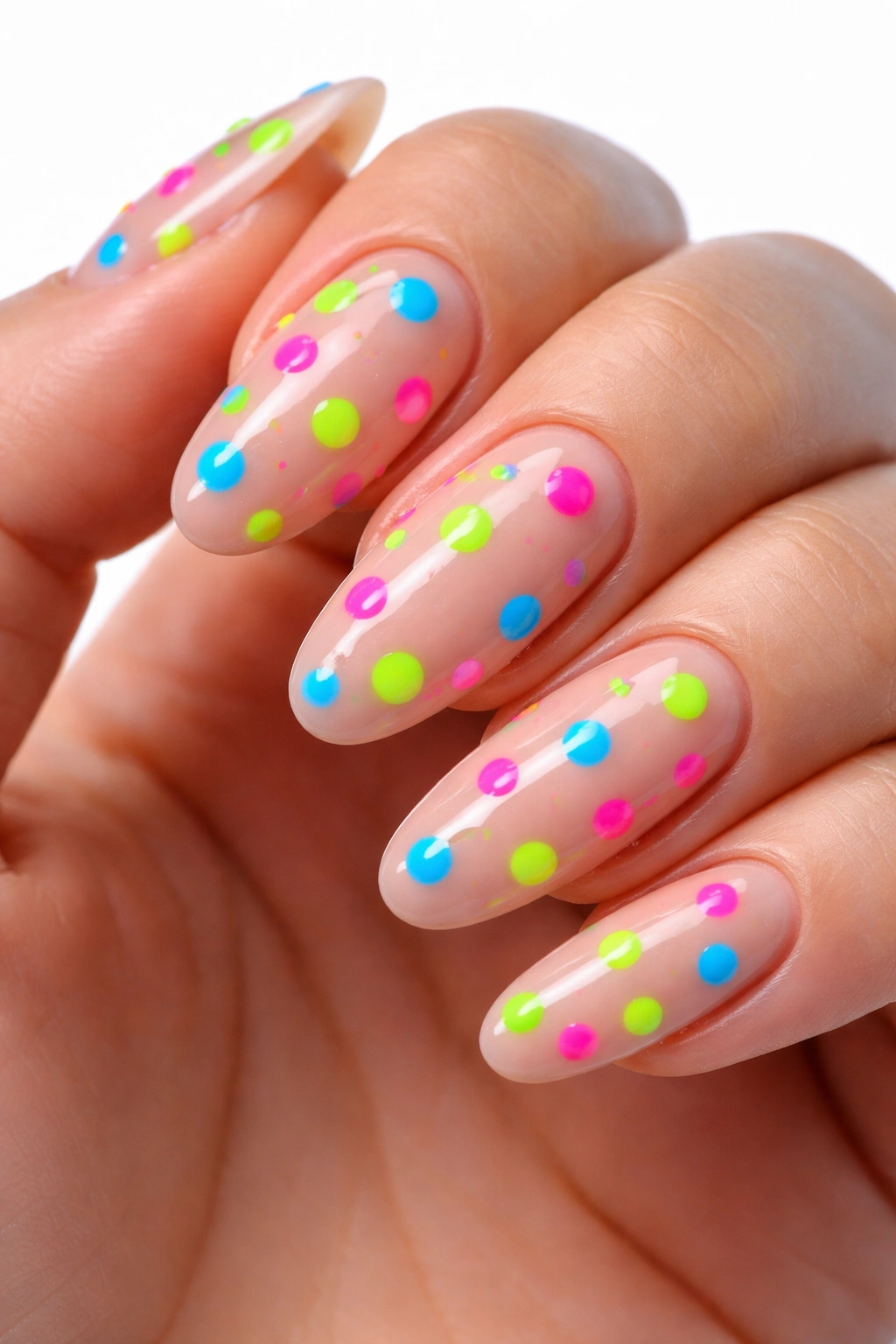 Close-up of long round nails with nude base and neon dots