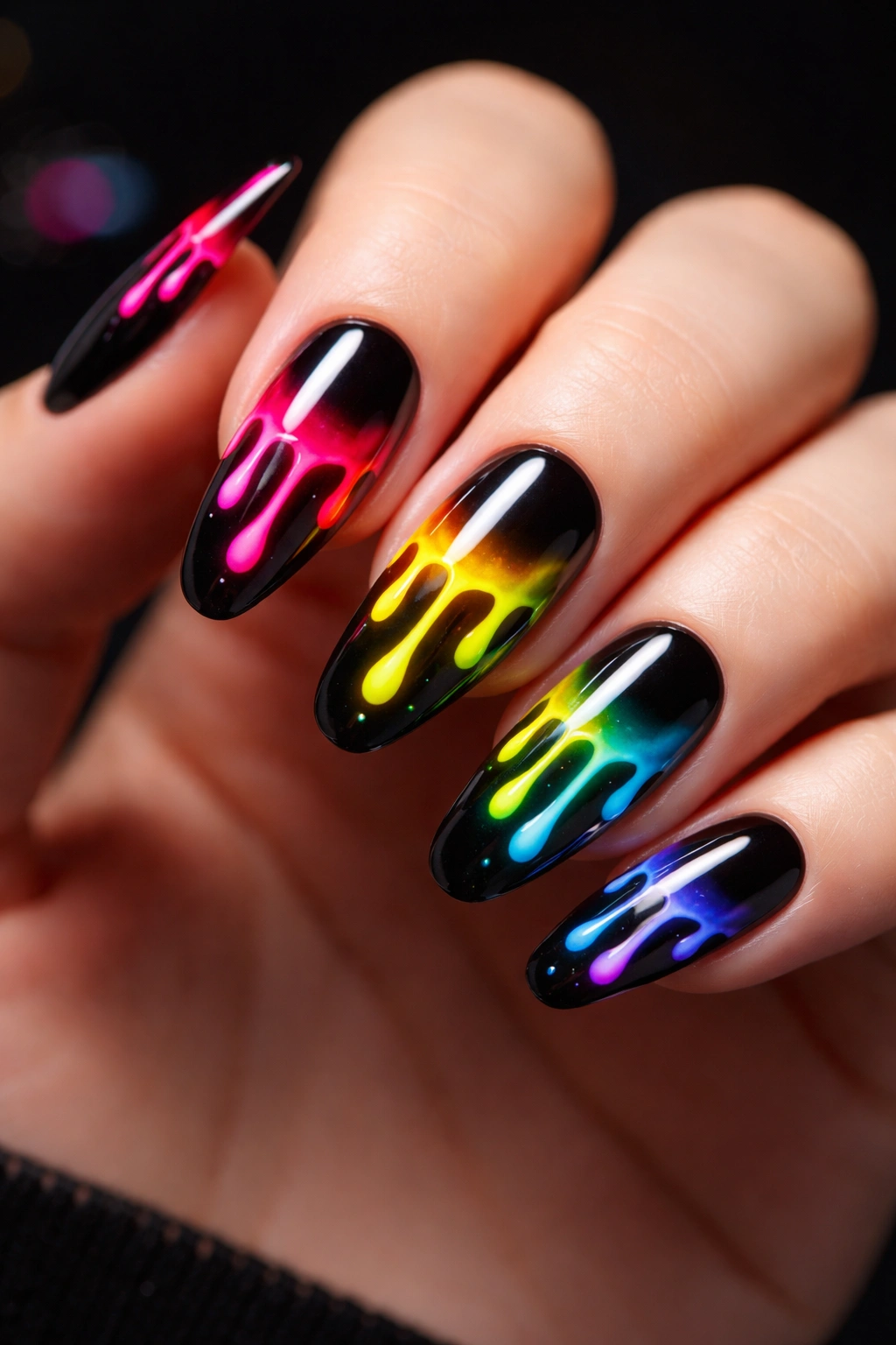 Close-up neon drip nails with bright neon drips on a black base.