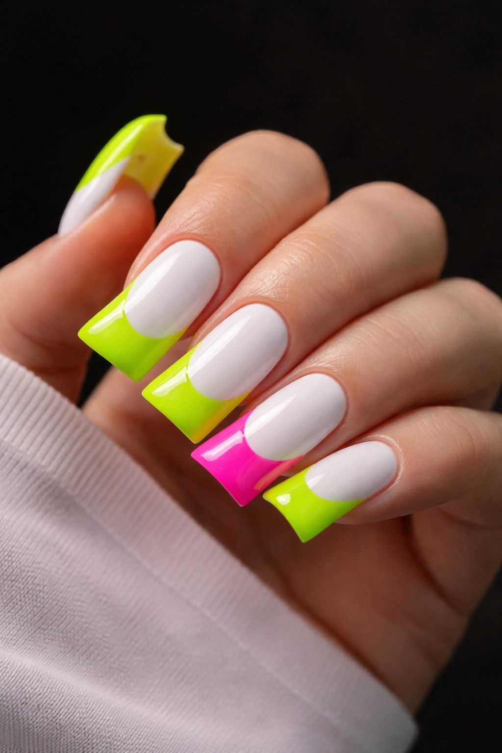 Neon bright duck nail with vivid lime and pink against a dark background