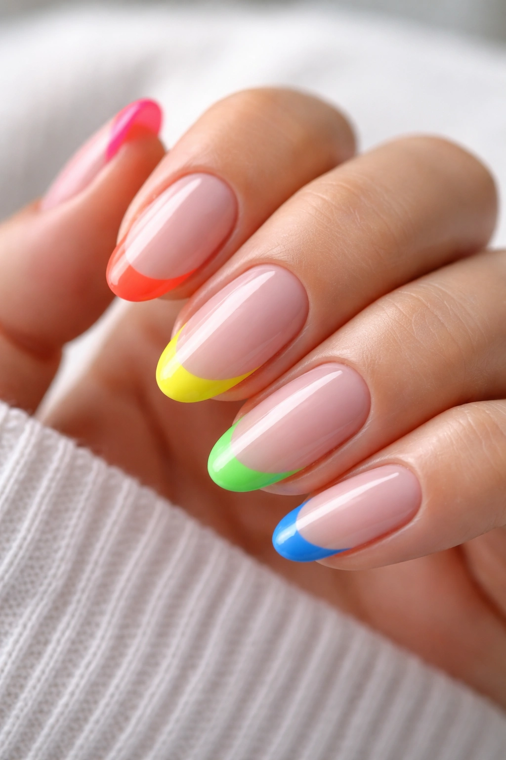 Close-up of short almond nails with neon tip French
