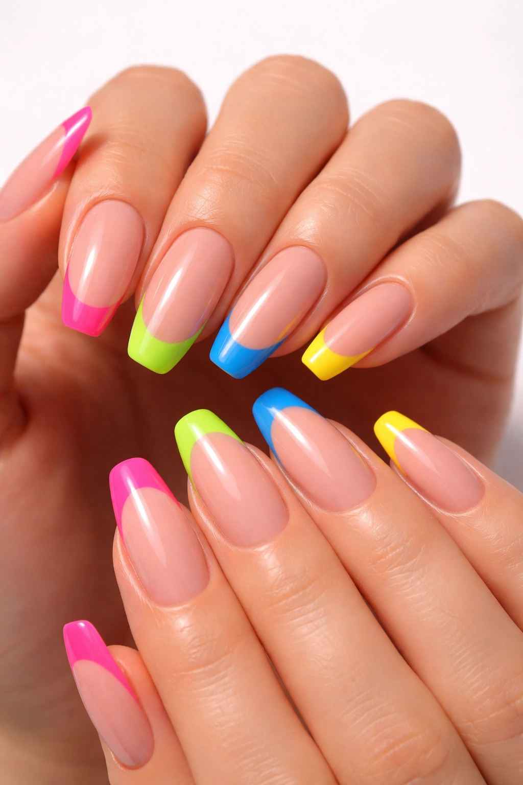 Close-up of nude nails with neon tip designs in bright colors