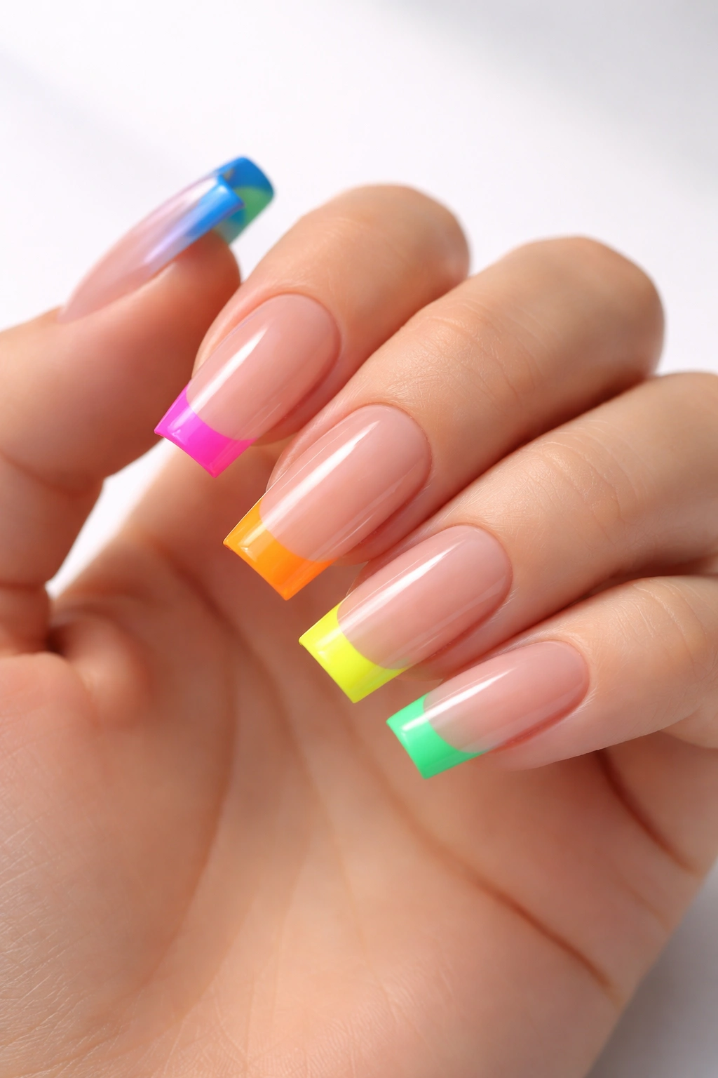 Square nails with neon tip colors in a French manicure style