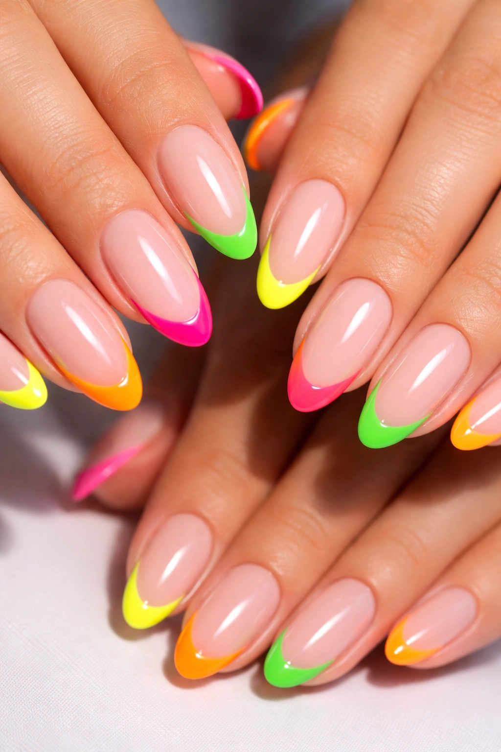 Nails with neon French tips in electric colors