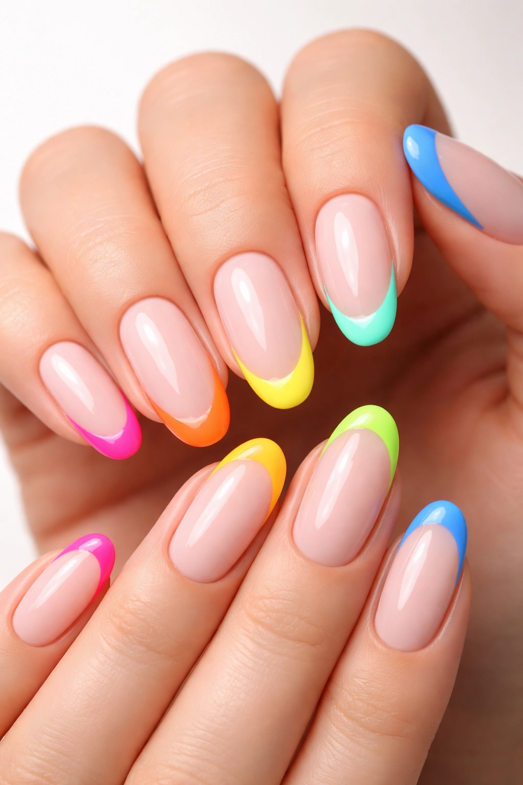 Close-up of hands with neon French tip nails on a milky nude base