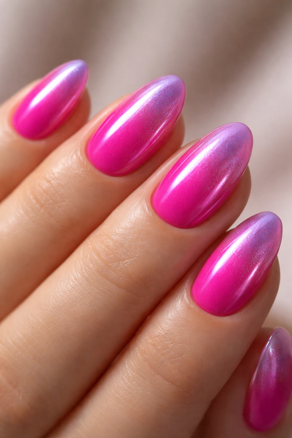 Close-up of neon fuchsia almond nails with a chrome dust topper showing metallic sheen