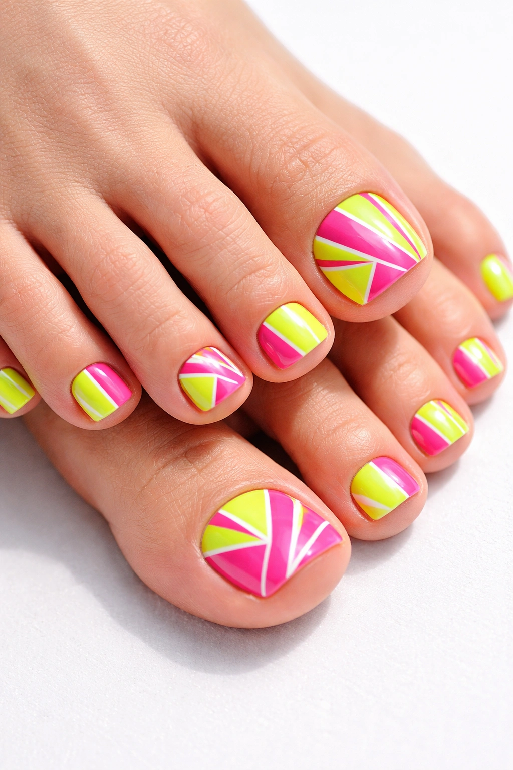 Neon geometric pedicure on toenails with bright pink and lime patterns
