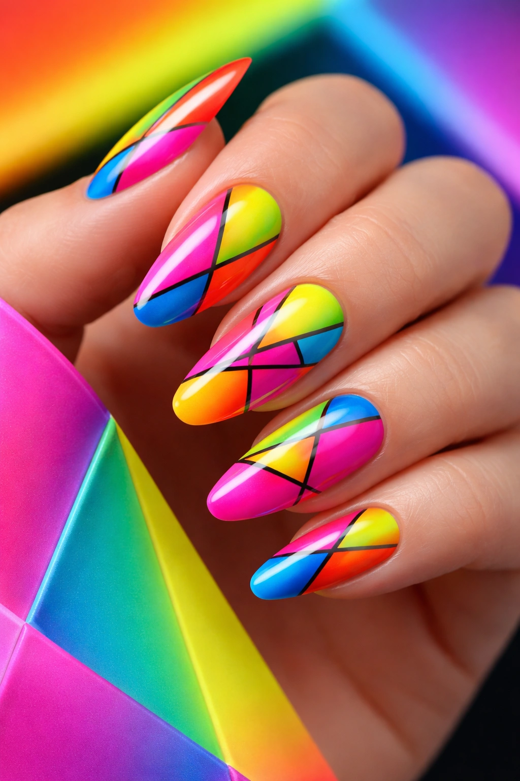 Close-up of hand with neon abstract geometric nail art in color blocks