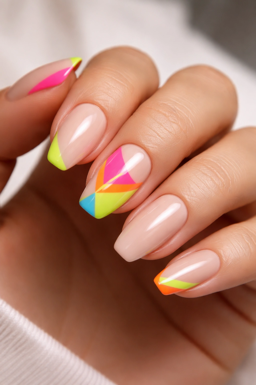 Nails with neon geometric accents on a neutral base
