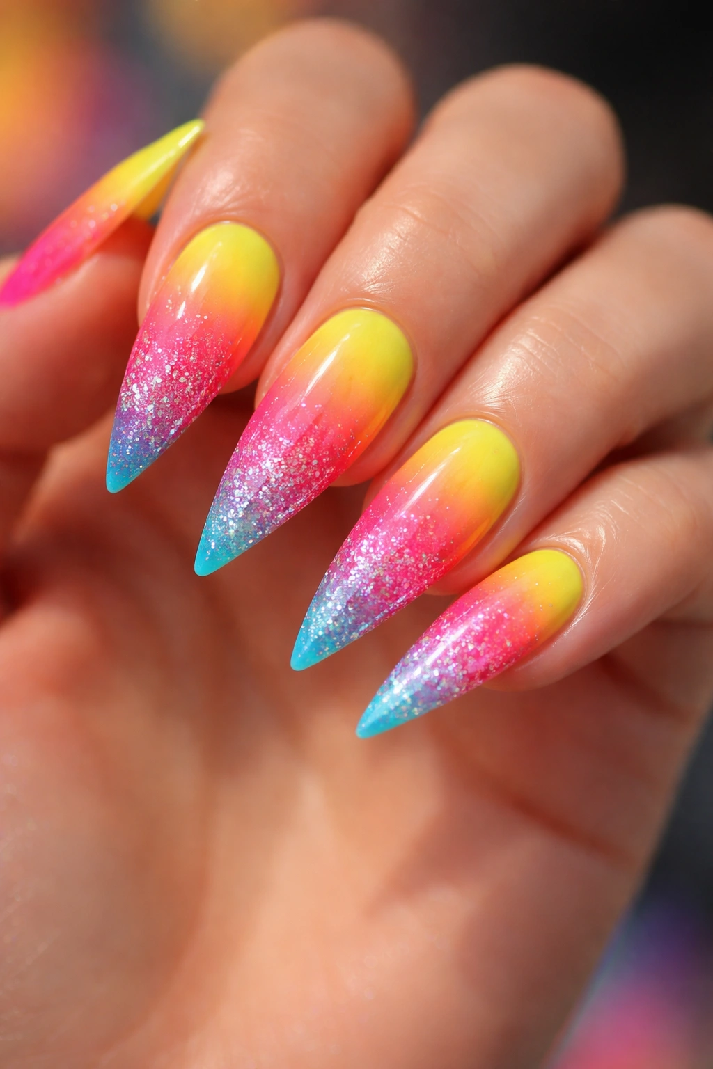 Stiletto nails with neon glitter fade and bright gradient