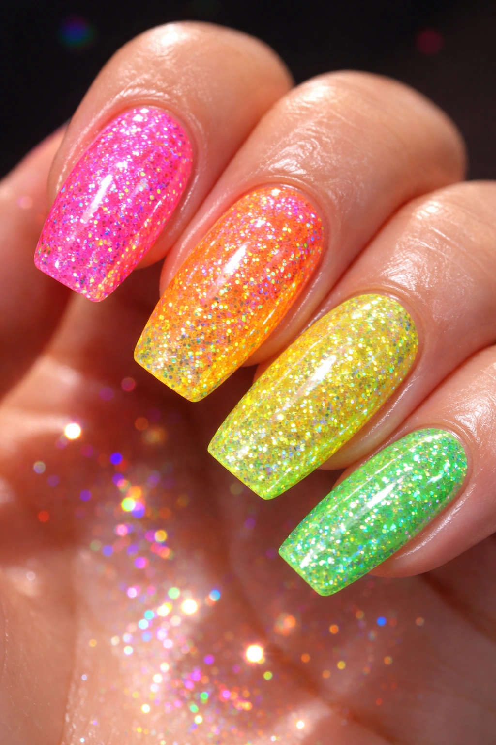 Close-up of hand with neon glitter nails sparkling under bright light