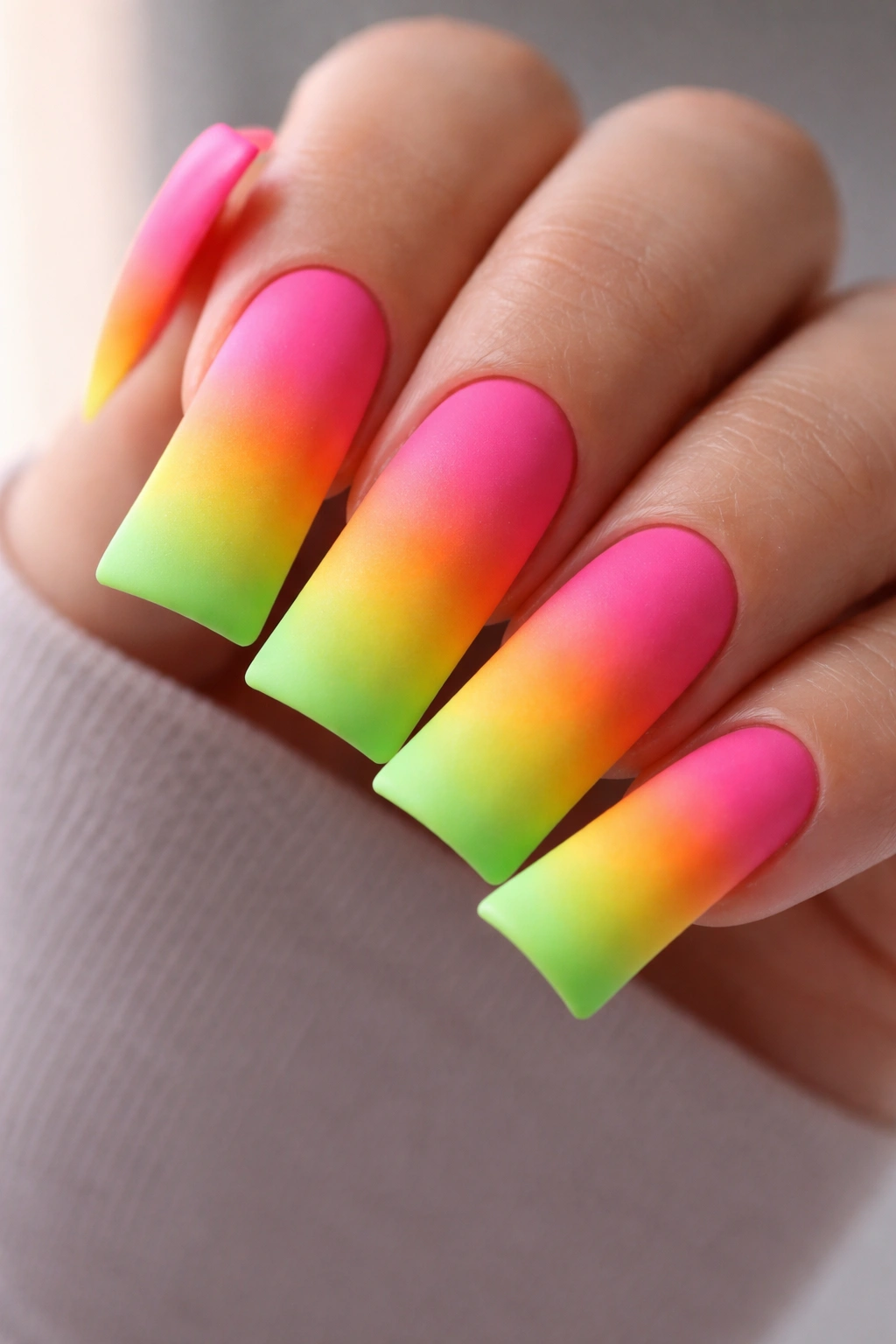 Close-up of neon gradient duck nails showing bright color transitions in a matte finish