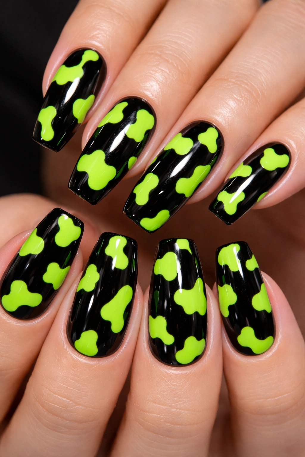 Close-up of neon green cow print nails on black base