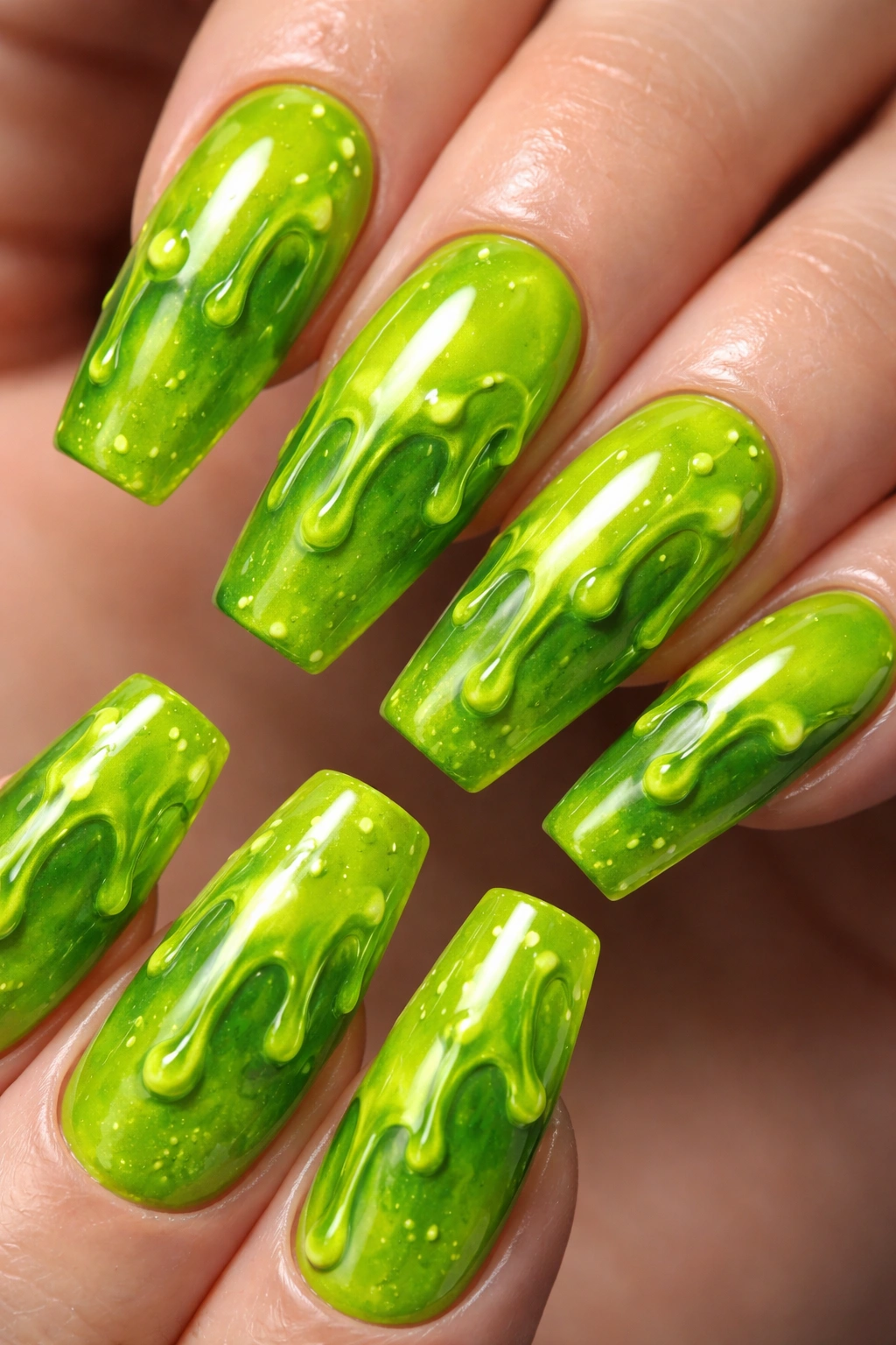 Neon green slime nails with glossy finish and drips