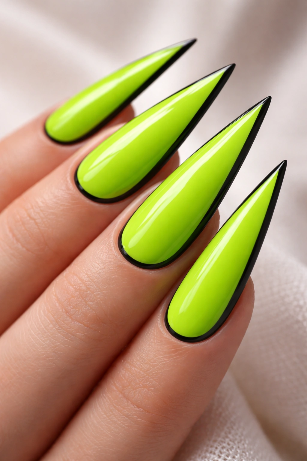 Close-up of neon green stiletto nails with black outlines