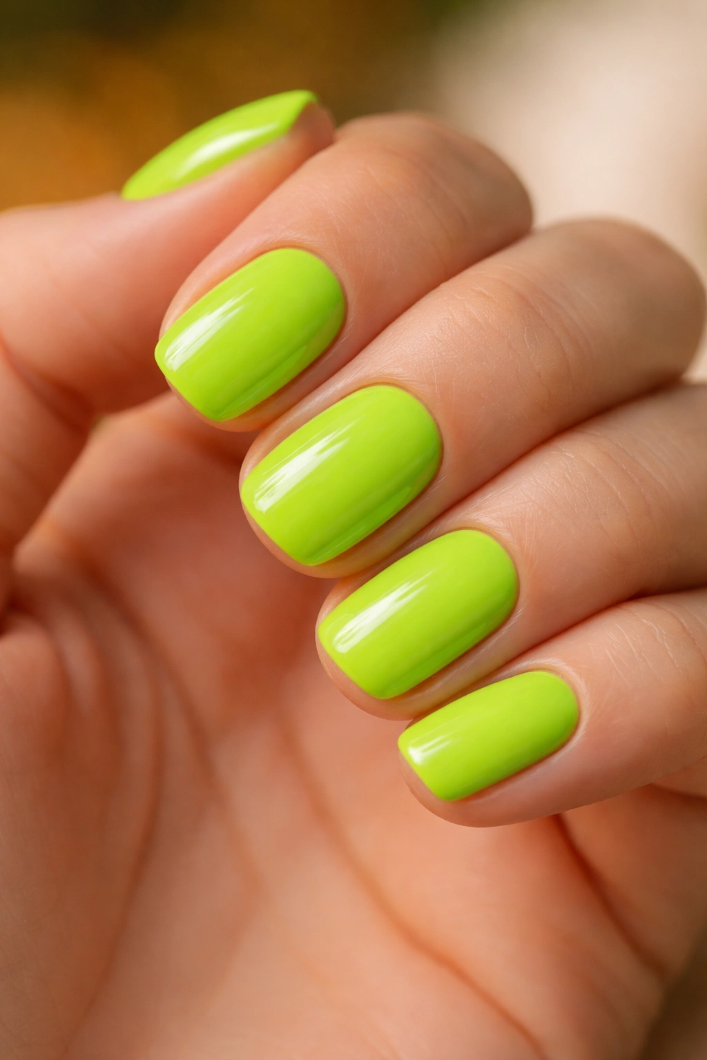 Close-up of short squoval nails painted neon green with a glossy finish